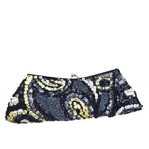 Moni Couture Black Gold Paisley Embellished Sequin Convertible Evening Clutch